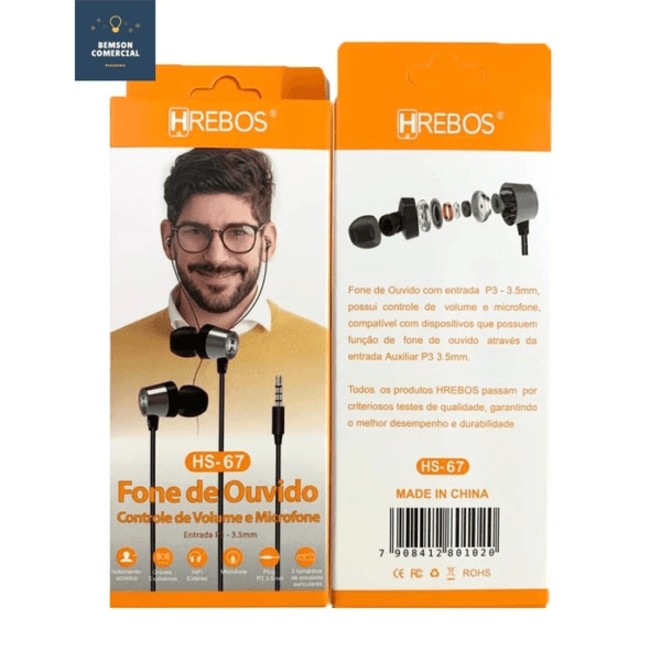 FONE DE OUVIDO COM FIO HREBOS HS-67