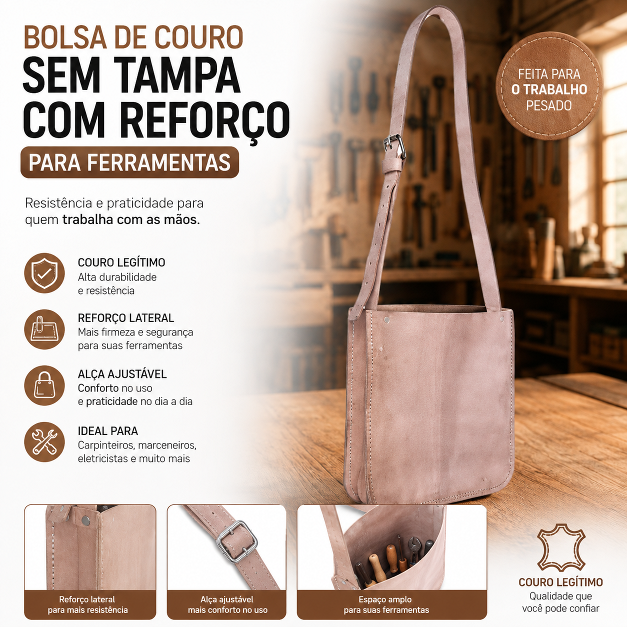 BOLSA COURO SEM TAMPA COM REFORÇO - Imagem 3